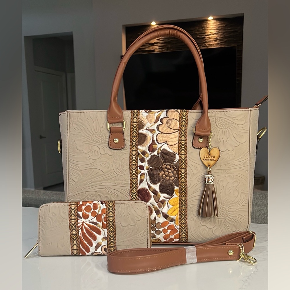 Elegant Beige and Brown Floral Embossed Handbag Set